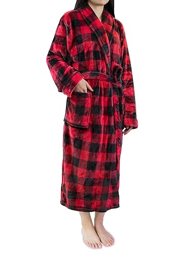PAVILIA Plush Robe For Women | Buffalo Plaid Red Black Fluffy Soft Bathrobe | Luxurious Fuzzy Warm Spa Robe, Cozy Fleece Long Ro