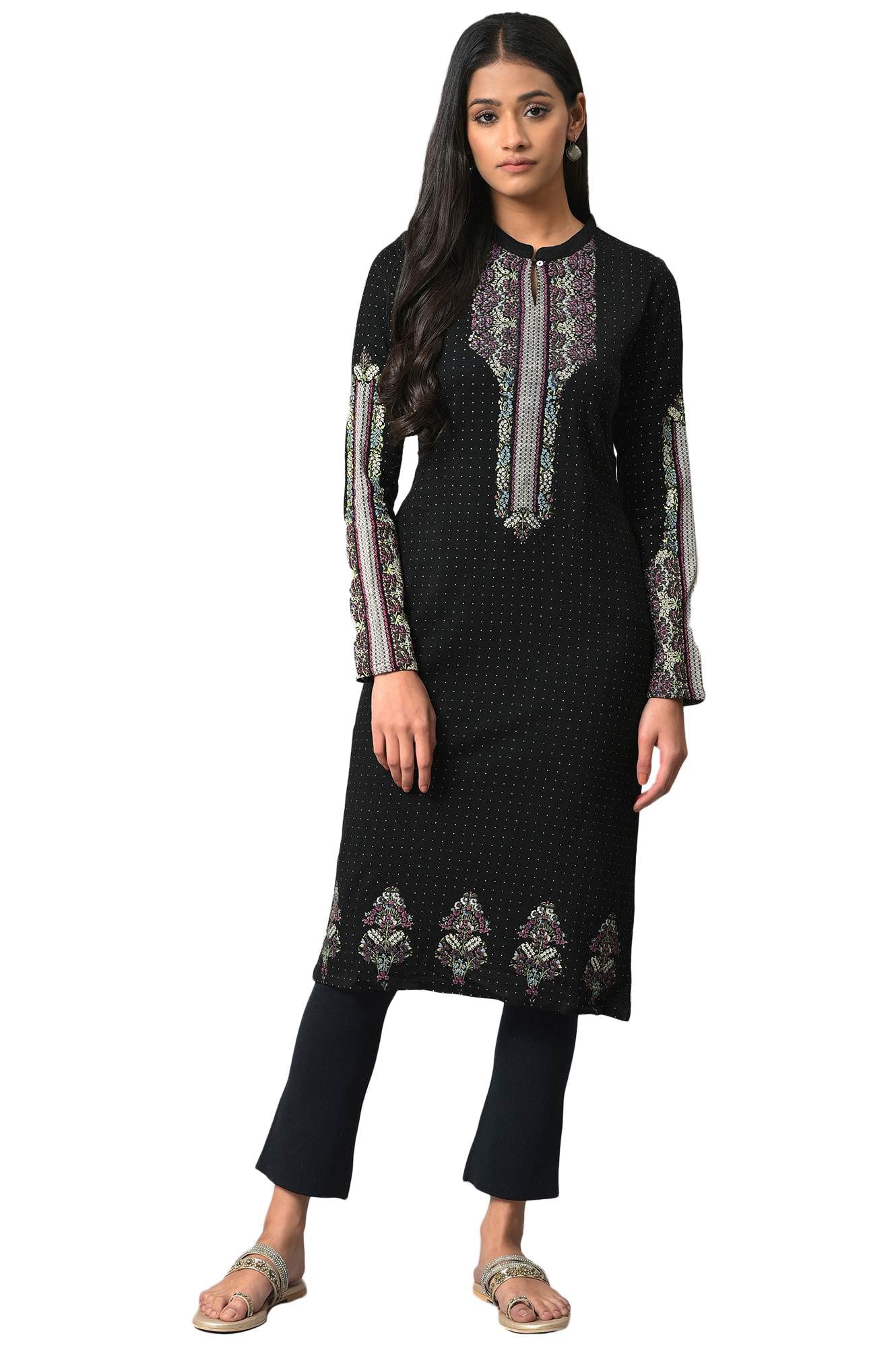W For Woman Black Floral Printed Straight Winter Kurta_22Now18425-119397P_2Xl