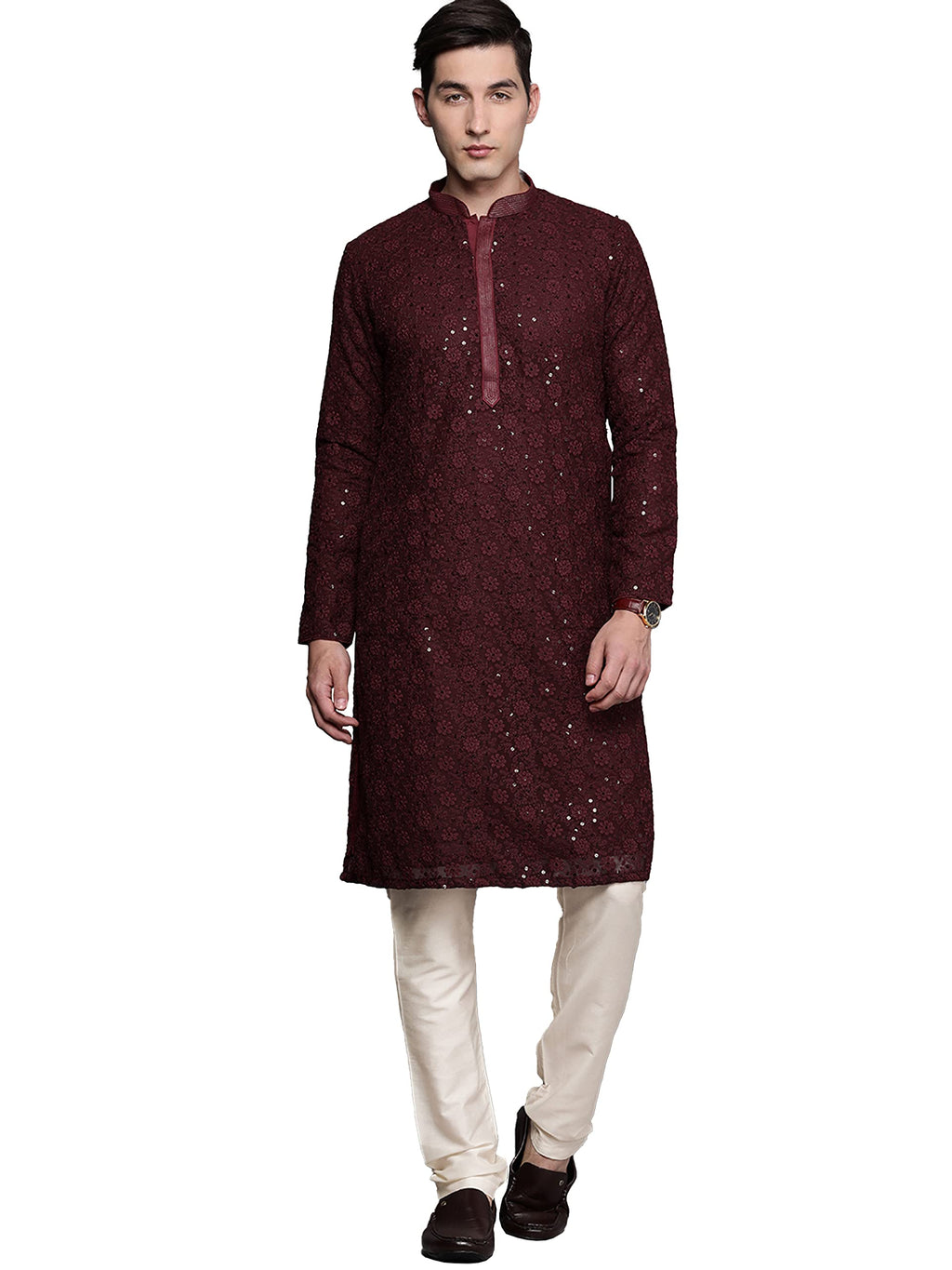 Manyavar Kurta Set For Men, Full Sleeves Mandarin Collar Ethnic Kurta Set For Engagement & Wedding, Party All Over Self Design K