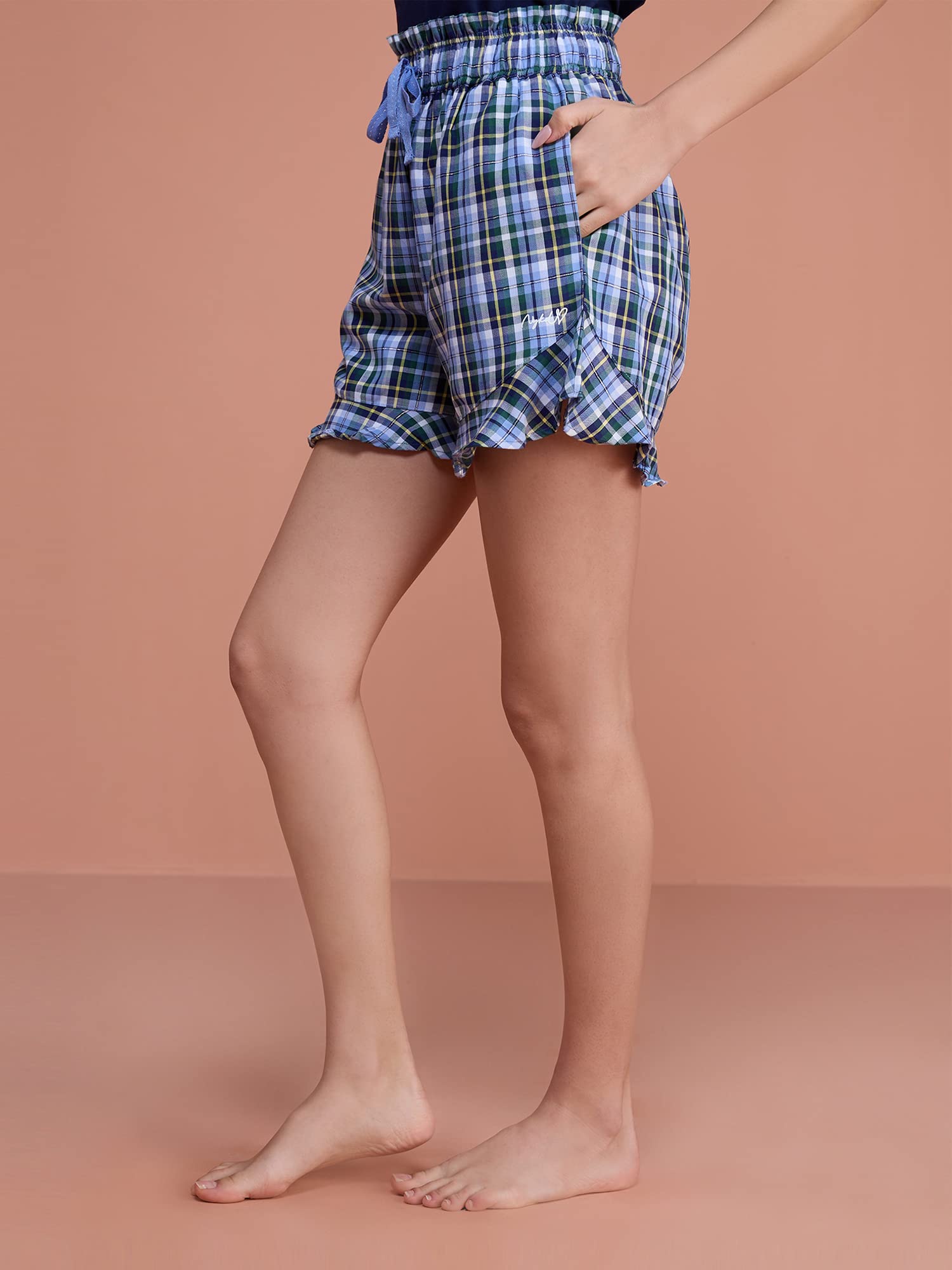 Nykd (Nys131 Cotton Plaid Relaxed Fit Shorts For Women | Comfortable Shorts With Adjustable Drawstring Waistband & 2 Side Pocket