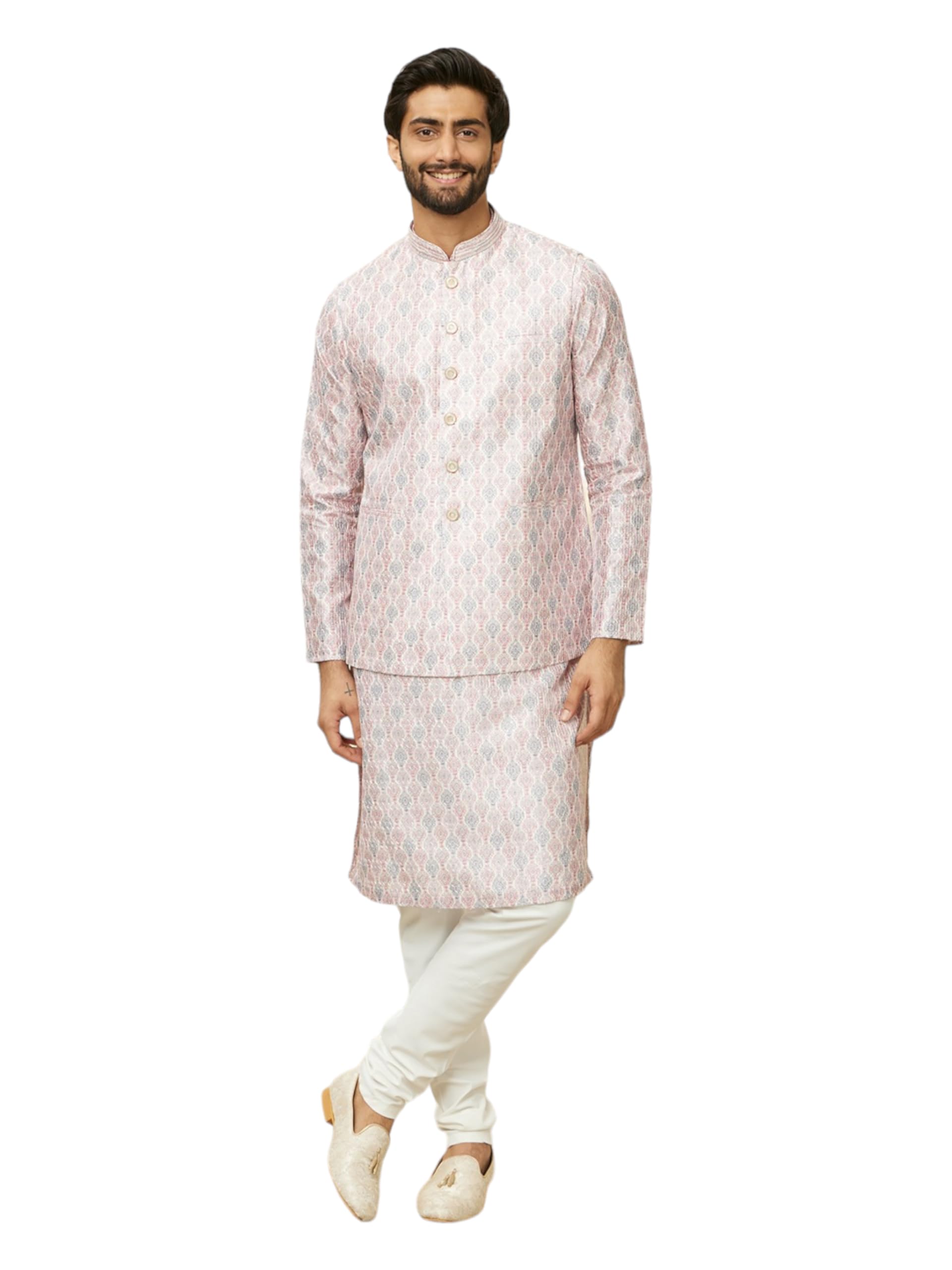 Manyavar Mens Pink Art Silk Printed Jackets