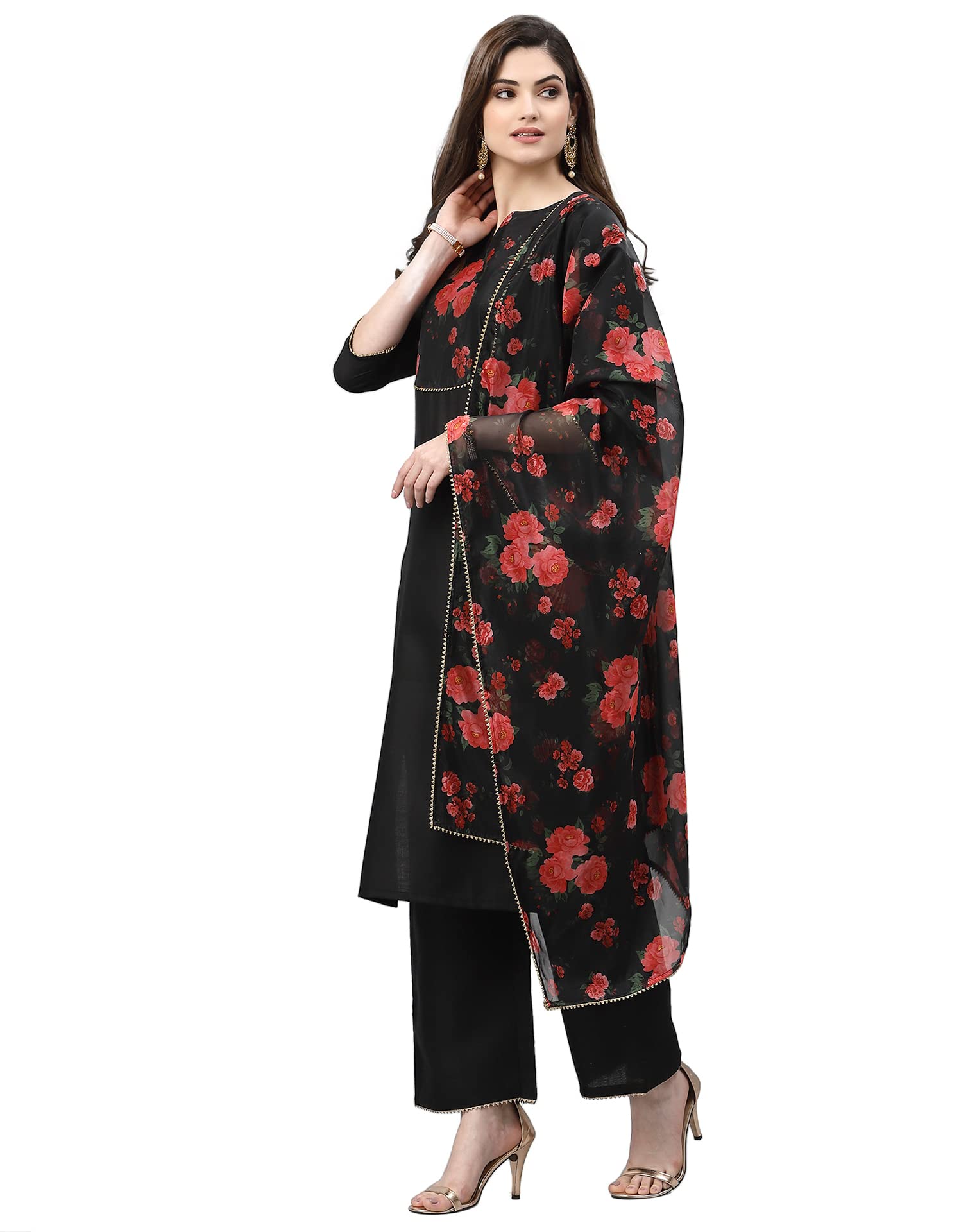 Sanisa Organza Women'S Hira Slub/Orgenza Digital Straight Kurta Set With Dupatta (4Kbdn135-Xl_Black)