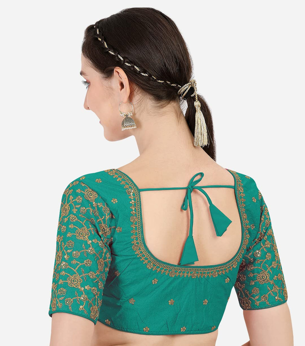 Pujia Mills WomenS Multicolor Flower Embroidery Sleeves Design Phantom Silk Readymade Blouse For Saree And Lehenga Choli (Rama,