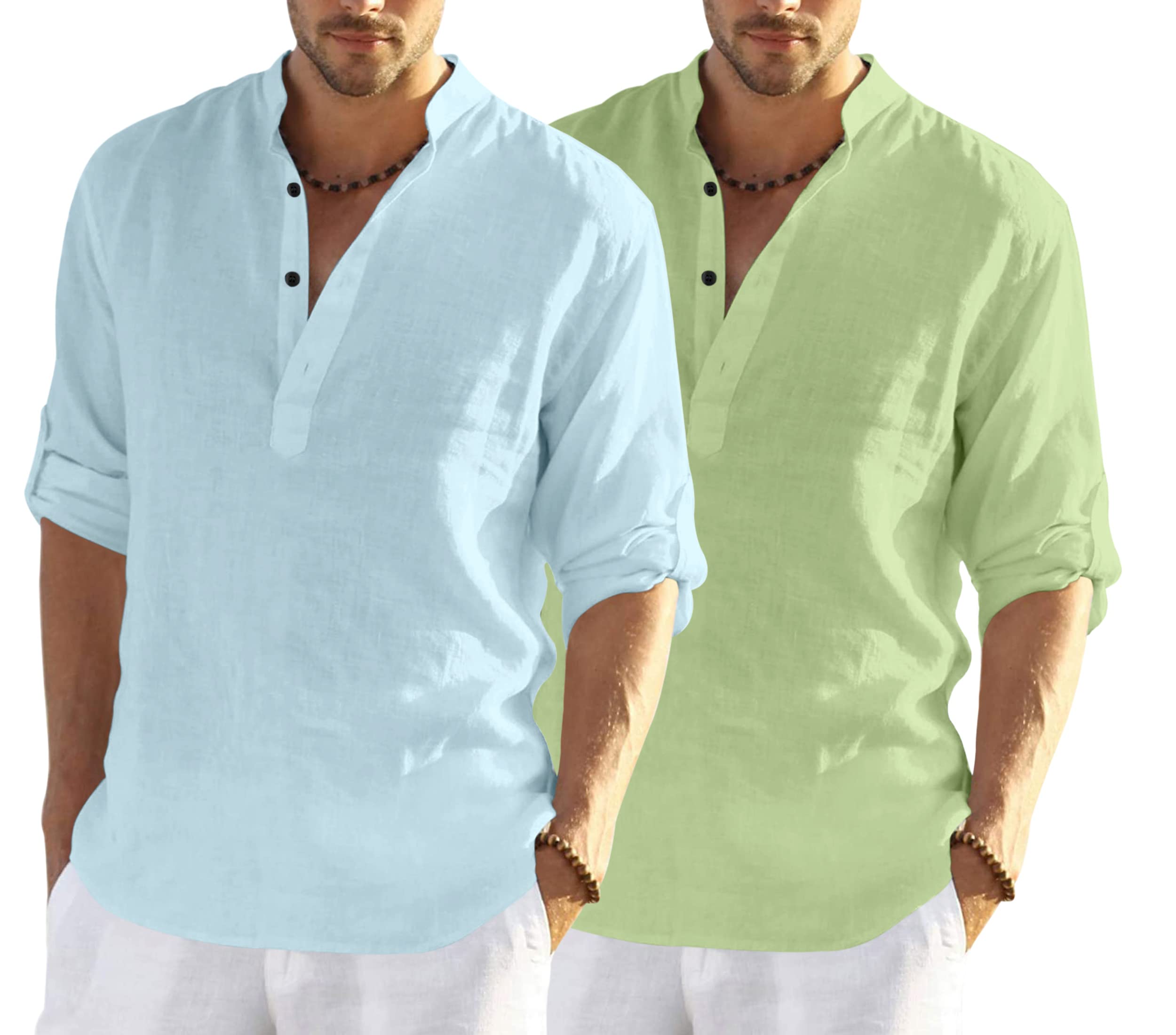 Hemrin Combo Of MenS Cotton Blend Full Sleeve Short Kurta Shirt With Mandarin Collar Pack Of 2