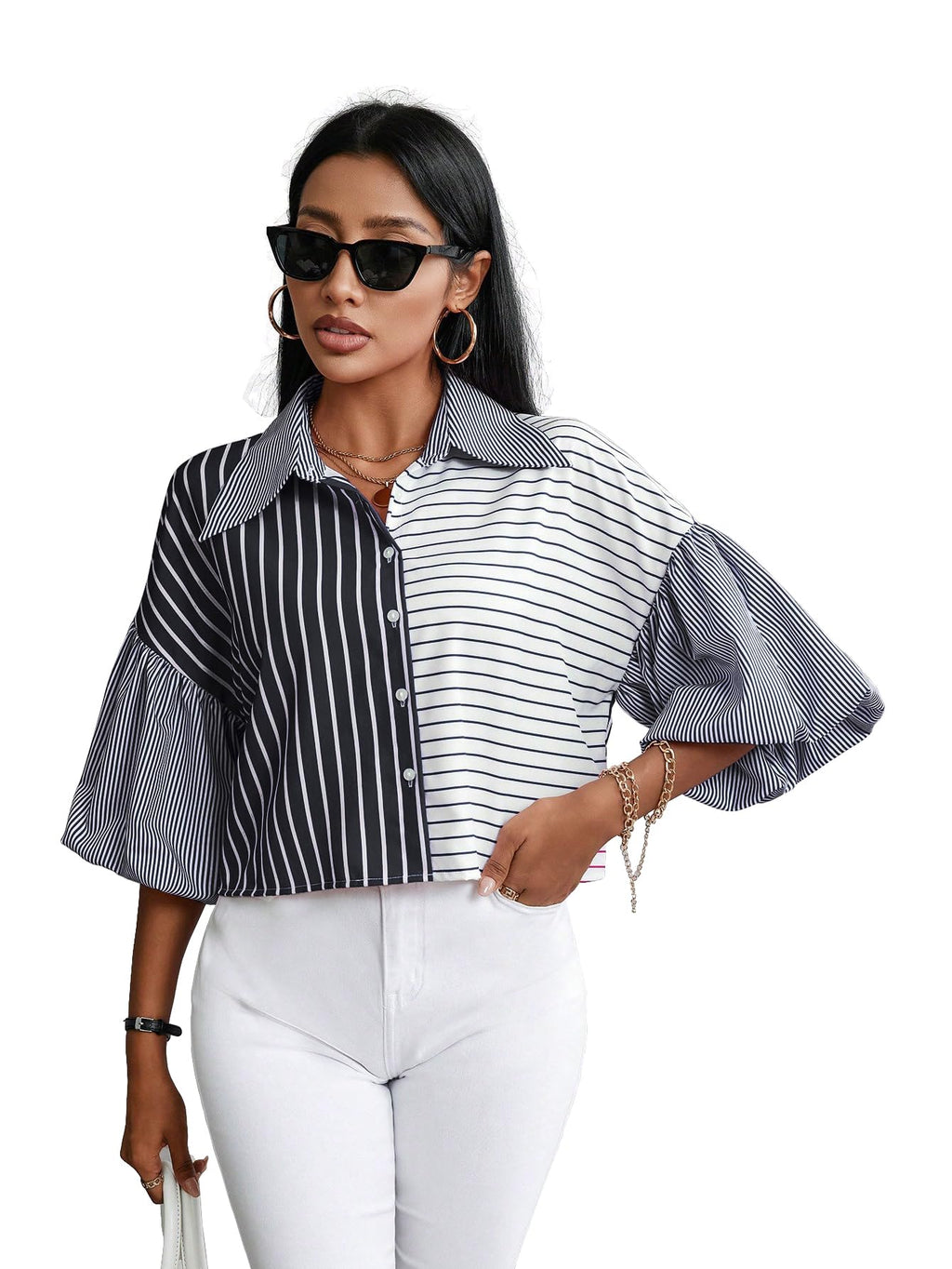 Shasmi Womens Random Striped Print Button Up Casual Shirt with Lapel Collar, Womens Fashion Striped Design Versatile Short Bat