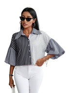 Shasmi Womens Random Striped Print Button Up Casual Shirt with Lapel Collar, Womens Fashion Striped Design Versatile Short Bat
