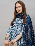 ANNI DESIGNER Ladies Cotton Blend Dupatta Kurta Trousers, Light Brown::Blue, L