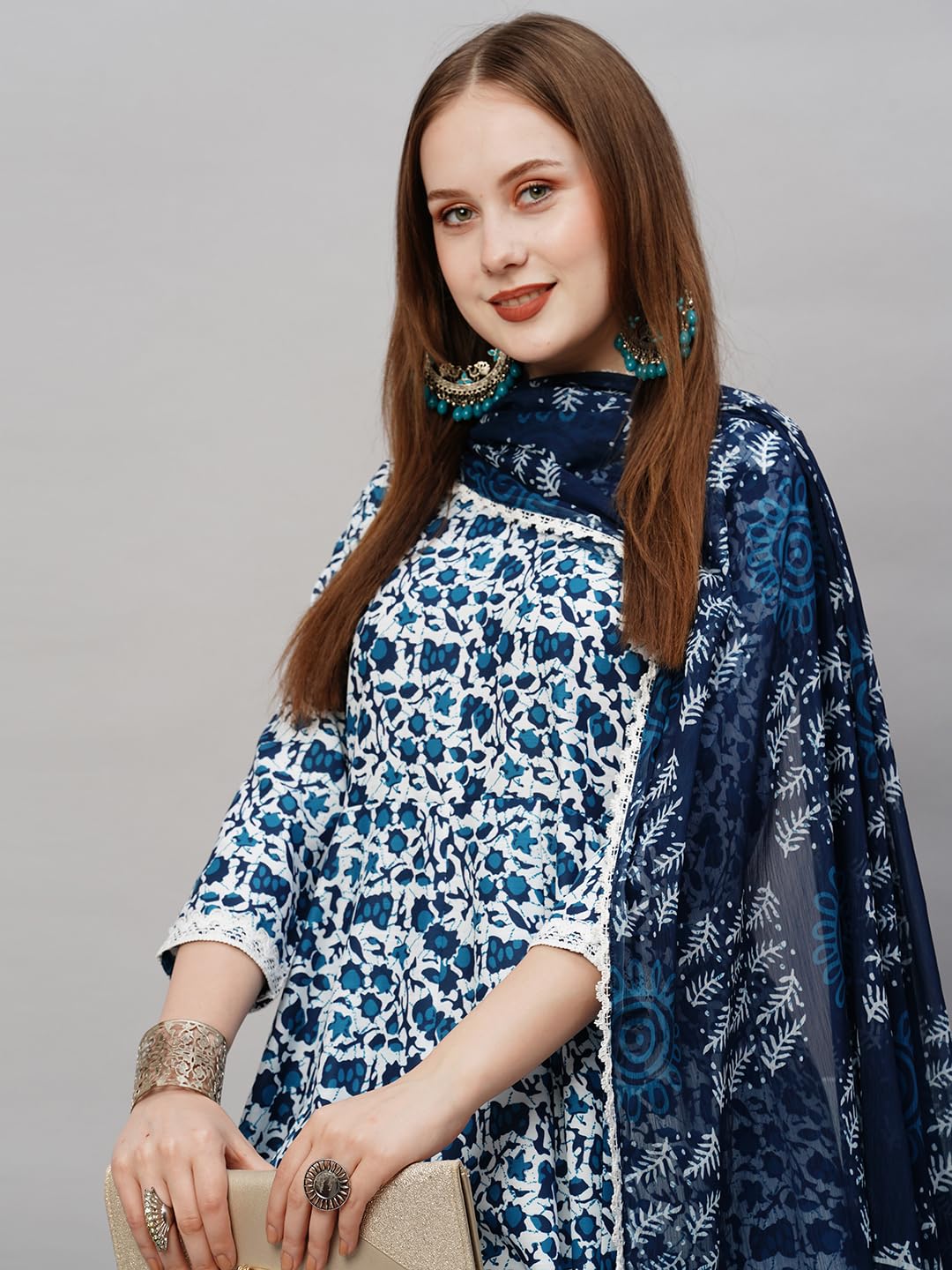ANNI DESIGNER Ladies Cotton Blend Dupatta Kurta Trousers, Light Brown::Blue, L