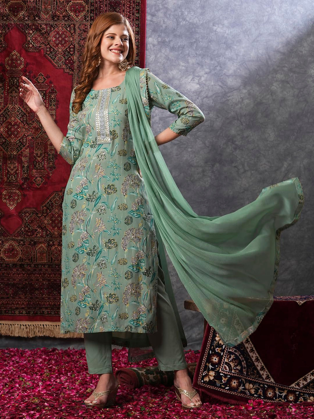 ANNI DESIGNER Women s Kurta Rayon Blend Pants with Dupatta, Green, S