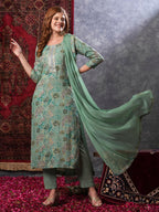ANNI DESIGNER Women s Kurta Rayon Blend Pants with Dupatta, Green, S