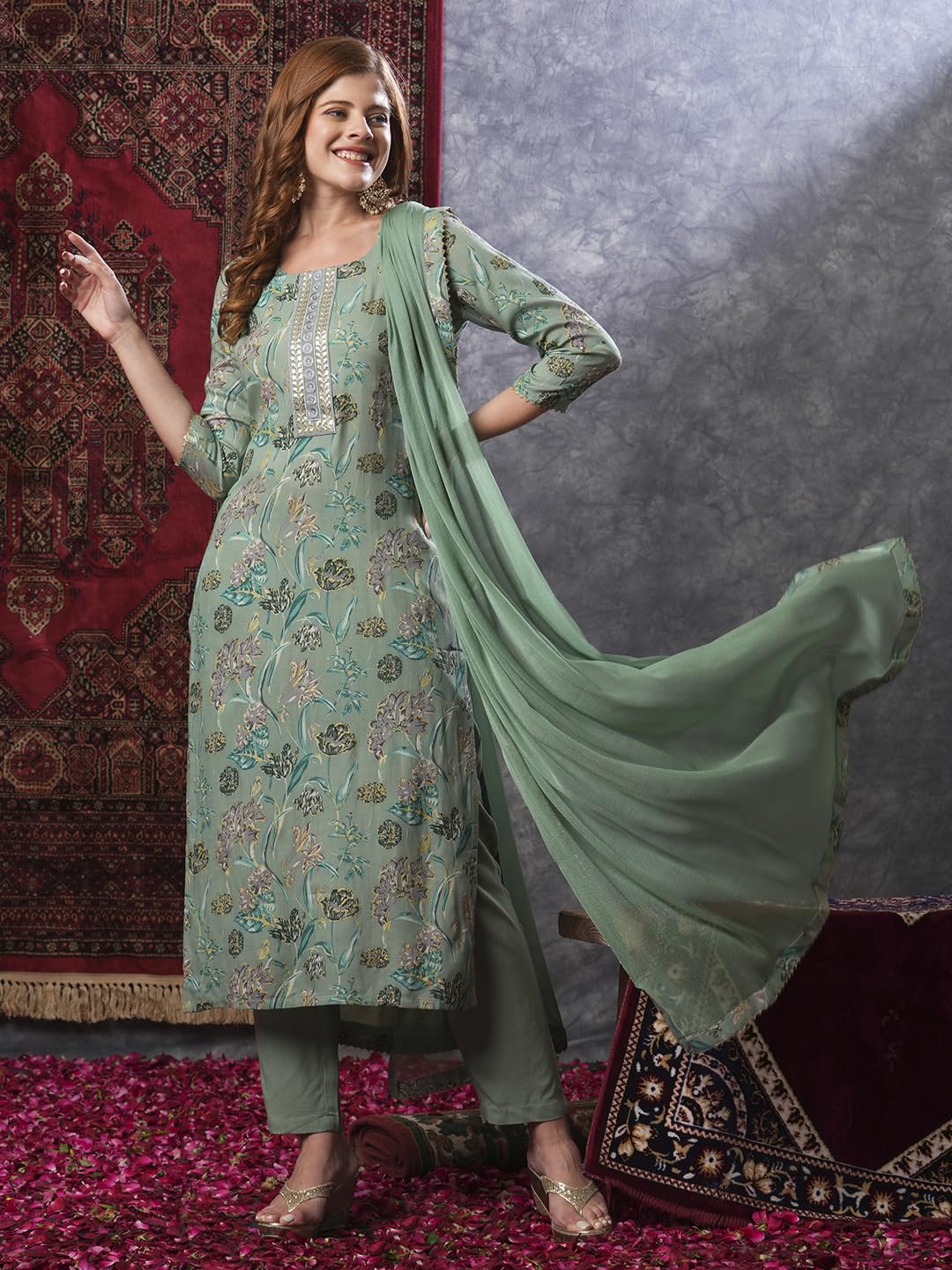 ANNI DESIGNER Women s Kurta Rayon Blend Pants with Dupatta, Green, S