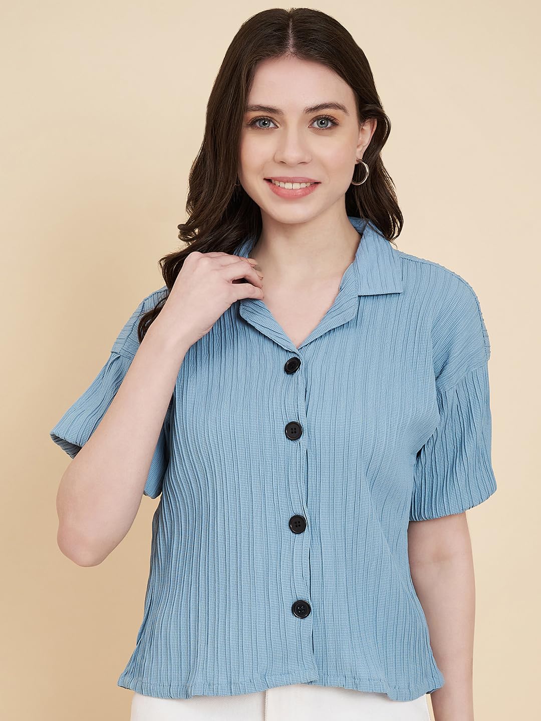 Vairagee Women Cotton Blend Blue Striped Pattern V-Collar Half Sleeve Stylish Boxy Shirt (1621)