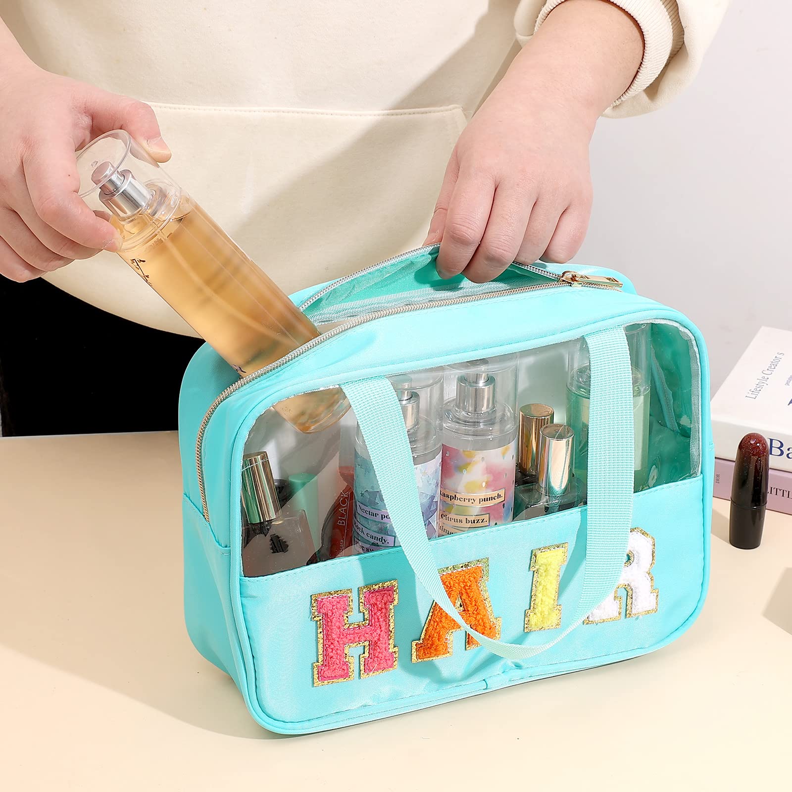 Chenille Letter Patch Clear Bag,Preppy Multi-purpose PVC&Nylon Clear Makeup Bag with Handles,Large Travel Makeup Toiletry Storag