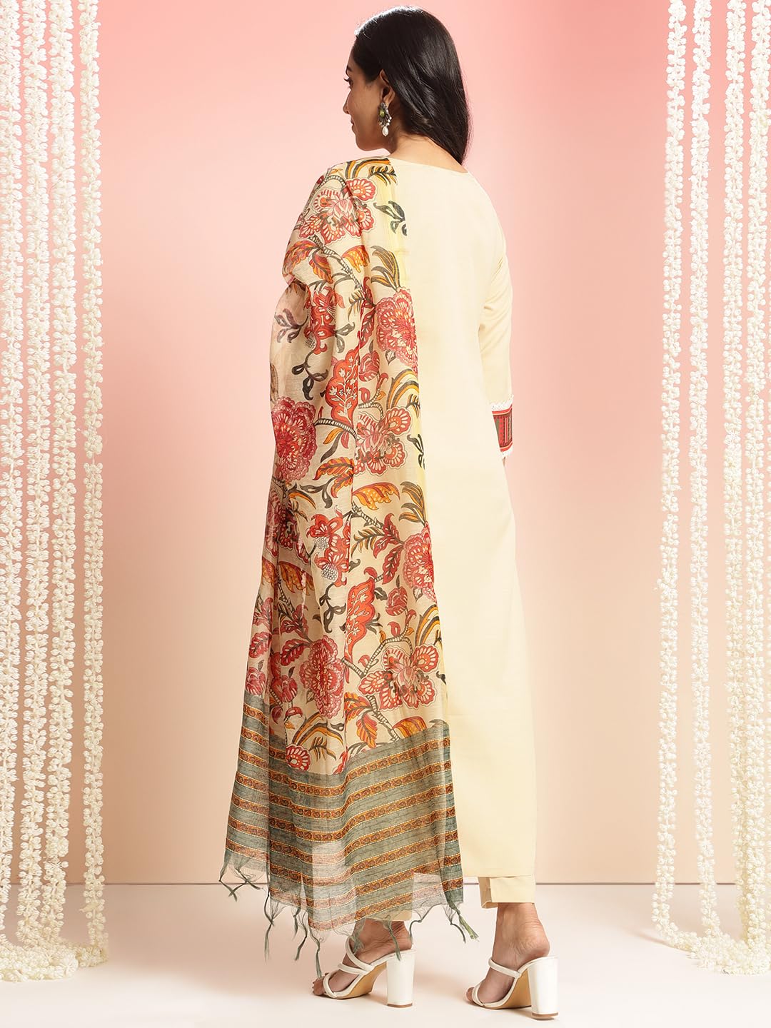 ANNI DESIGNER Womens Rayon Viscose Floral Straight Kurta with Pant & Dupatta (Dhar-CLRS-RB_Cream_Large)