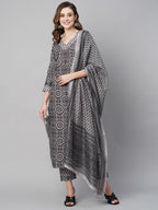 ANNI DESIGNER Womens Cotton Blend Straight Printed Kurta with Pant & Dupatta (Nihira Cream-7NW_S_Black_Small)