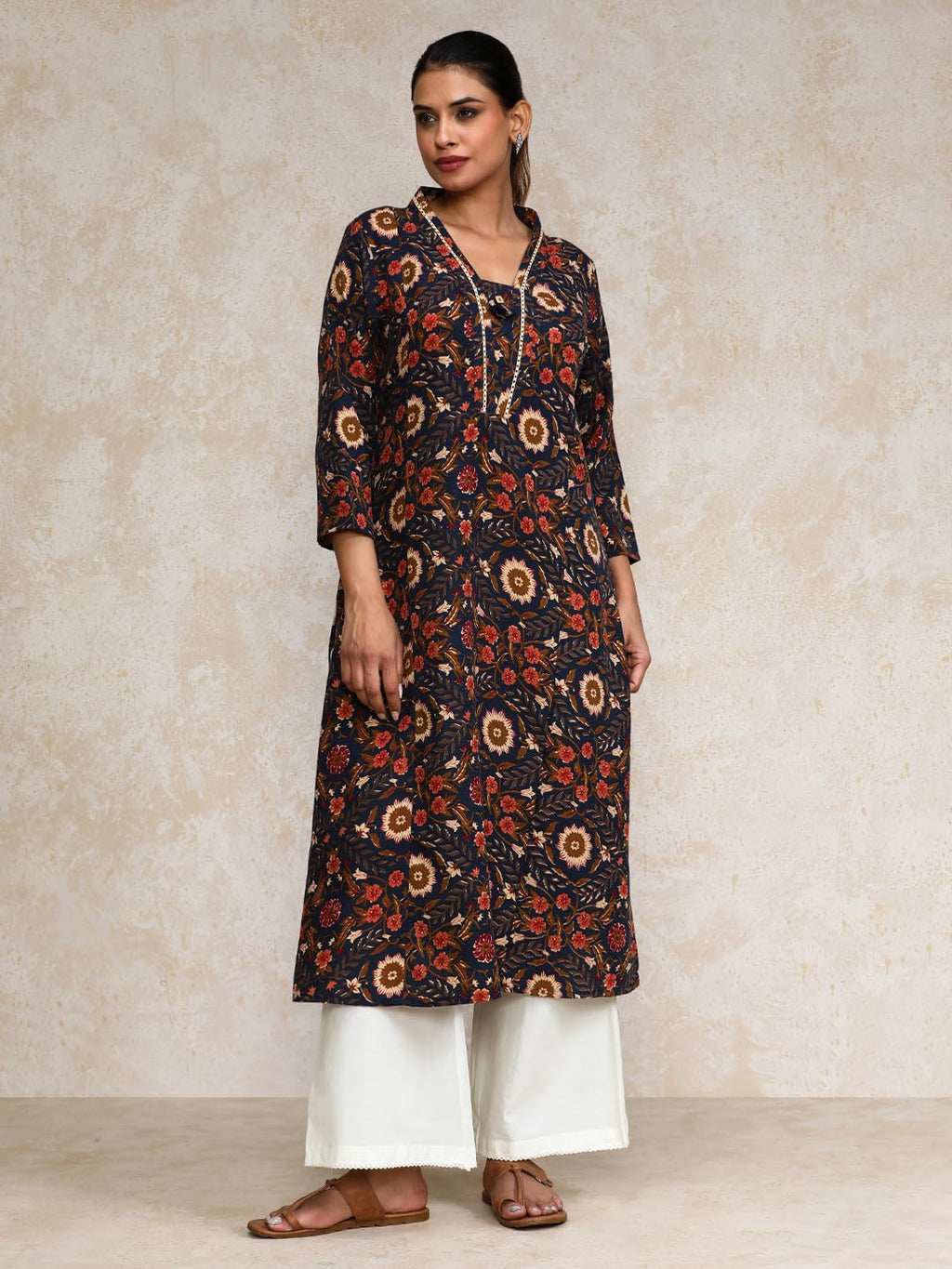 Varanga Women Ethnic Jaipuri Printed V Neck A-Line Kurta Blue