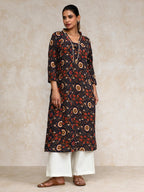 Varanga Women Ethnic Jaipuri Printed V Neck A-Line Kurta Blue