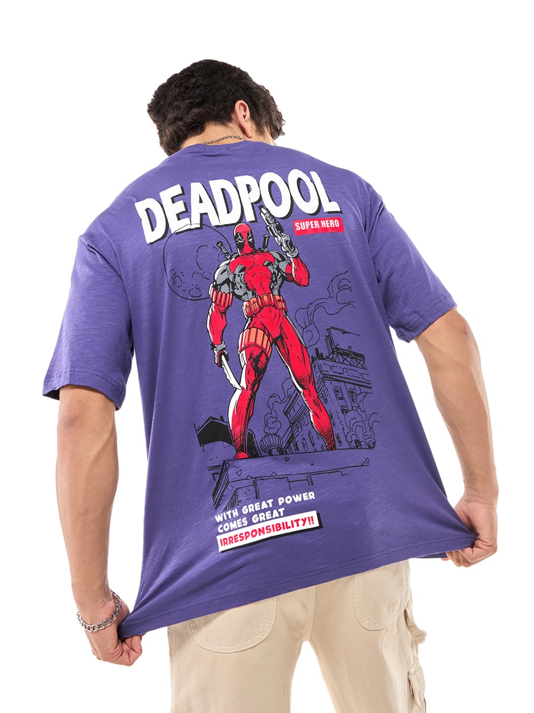 Bewakoof Air 1.0 Official Marvel Merchandise Deadpool Mens Graphic Printed Oversized Fit Half Sleeve Round Neck Slub Cotton Jer