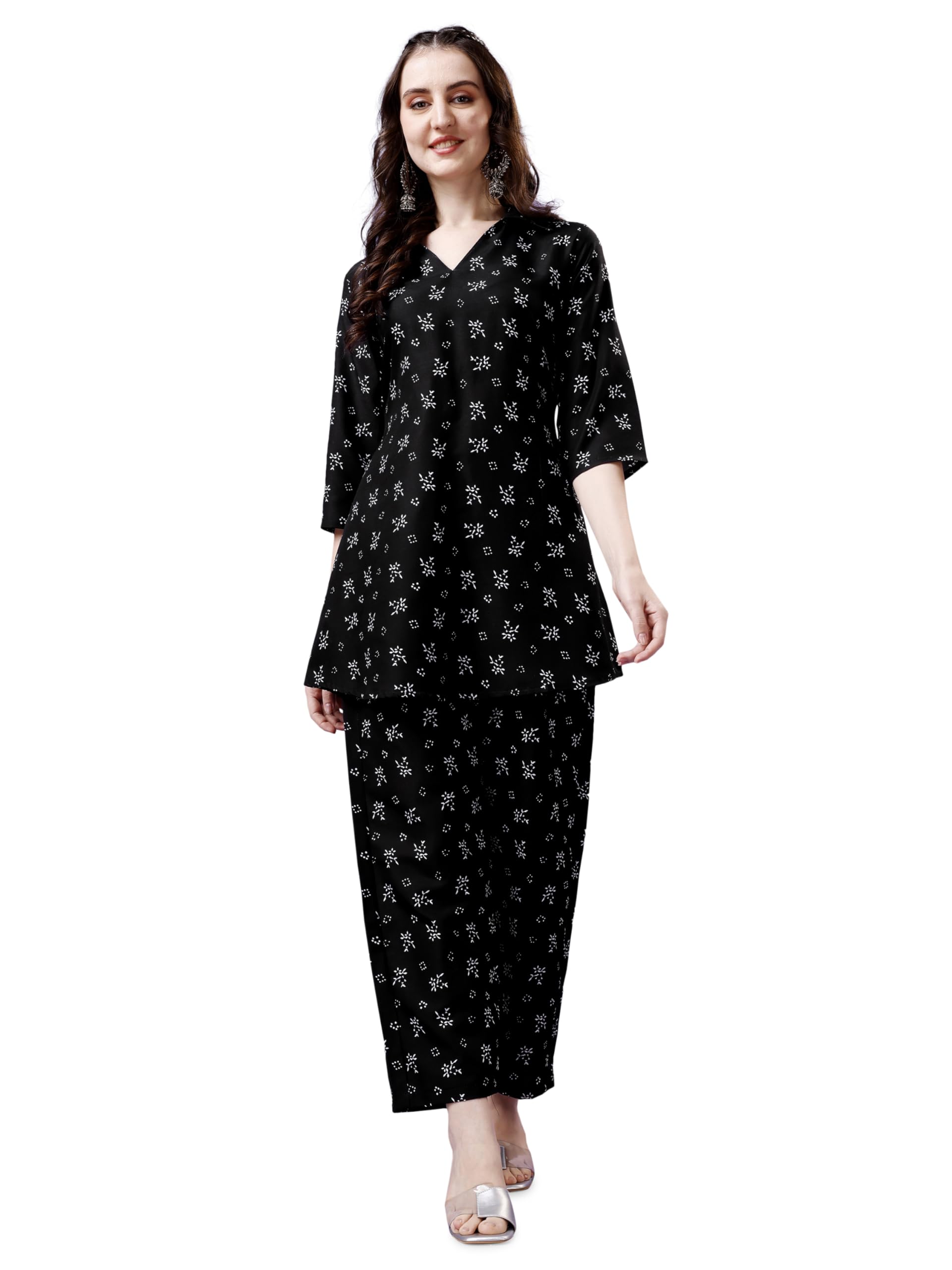 Yashika Women's Printed Cotton Blend Black Color Short Kurta Palaazo Set||AZ-YS-P1-KS2069-L