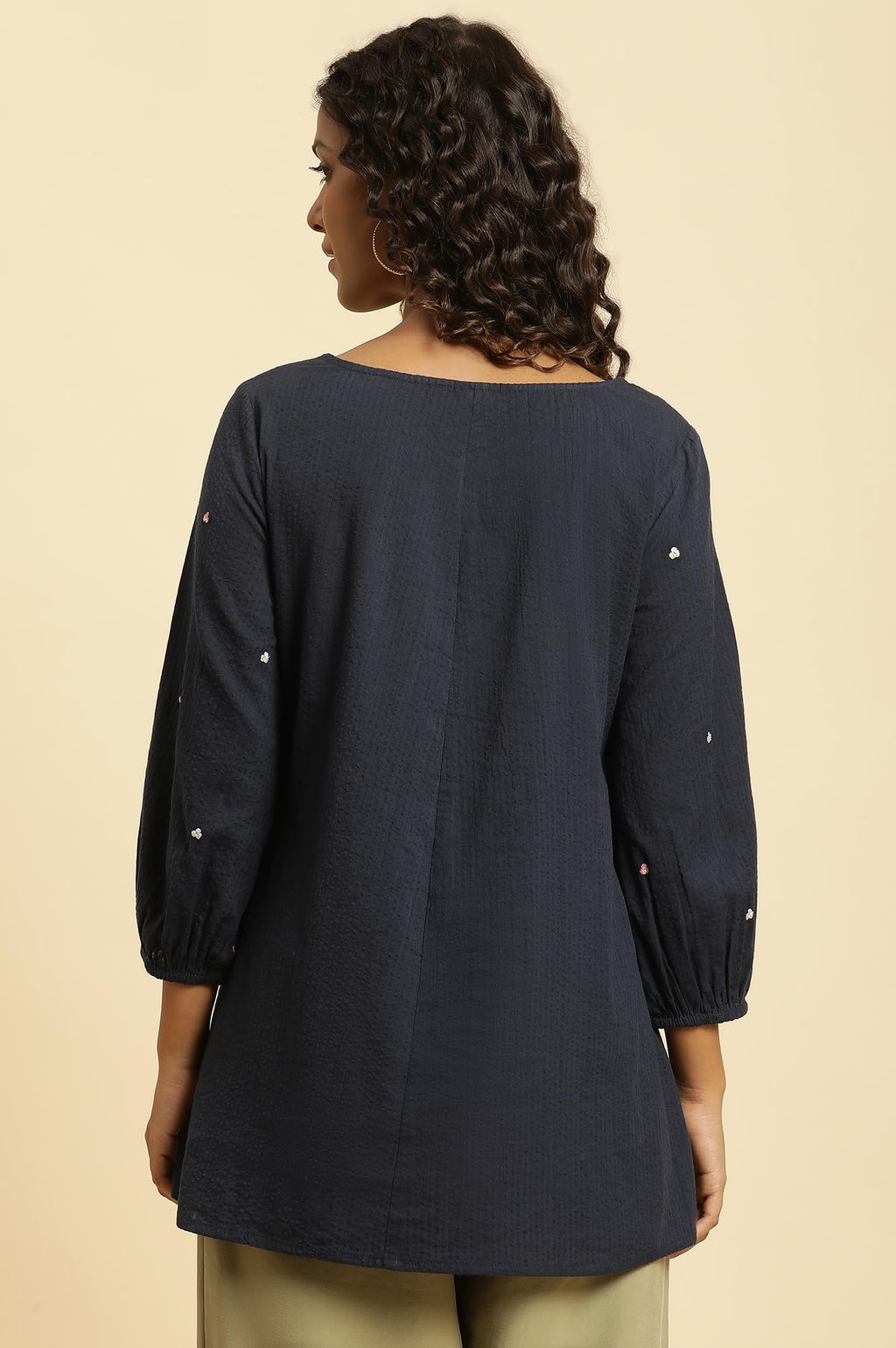W Blue Embroidered Cotton Tunic Top With Beads For Women
