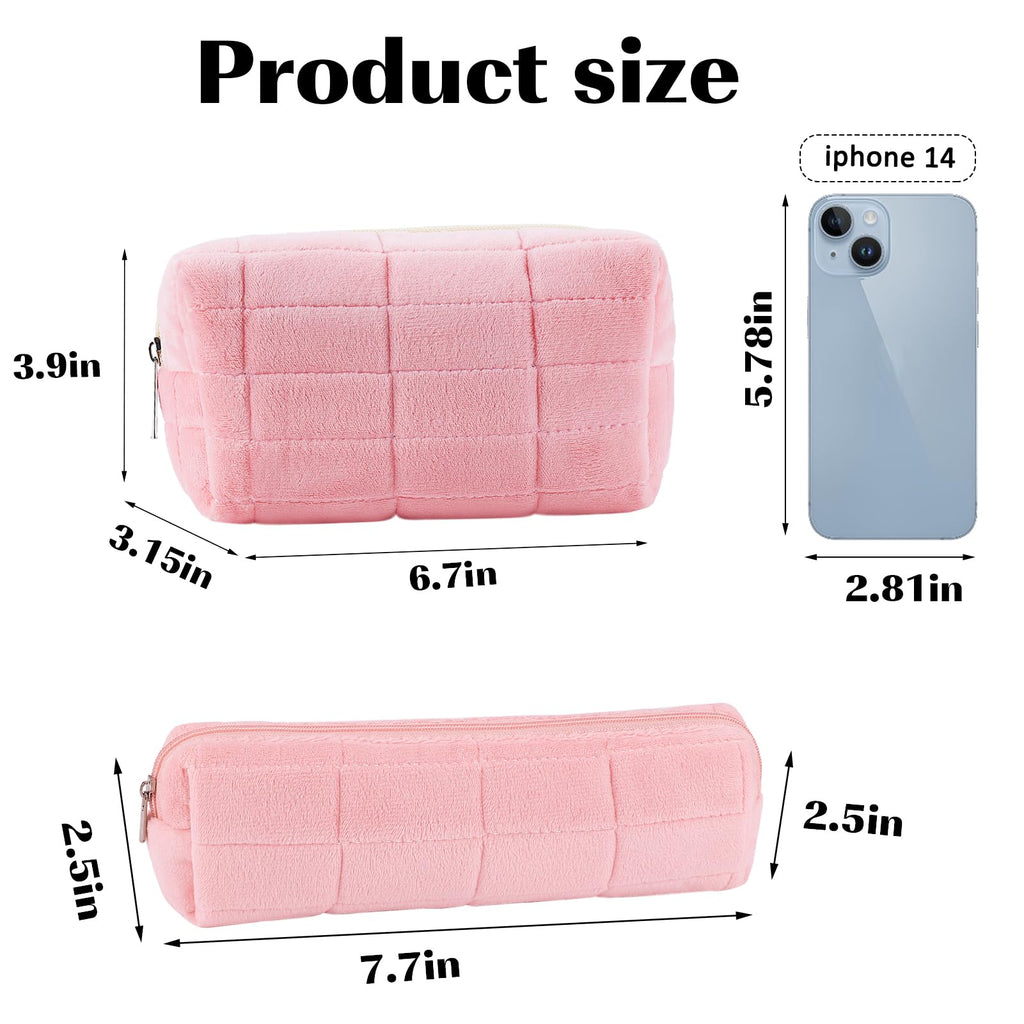 2Pcs Makeup Bag for Women Girls Pencil Pouch Travel Small Cosmetic Bag Set Cute Plush Pink Makeup Pouch Purse Pencil Case Pencil