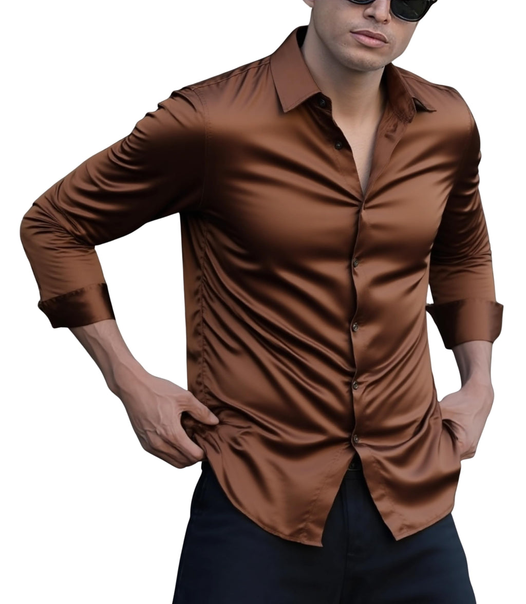Indoprimo MenS Casual Button Down Long Sleeve Satin Plain Shirt Brown