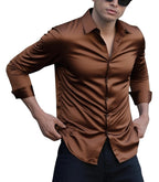 Indoprimo MenS Casual Button Down Long Sleeve Satin Plain Shirt Brown