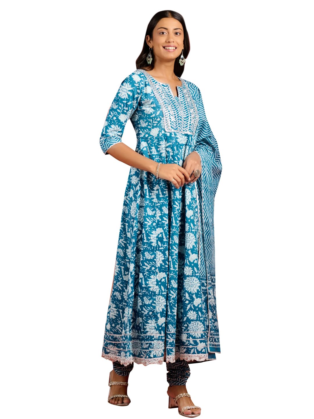 Libas Blue Printed Cotton Anarkali Kurta With Churidar & Dupatta