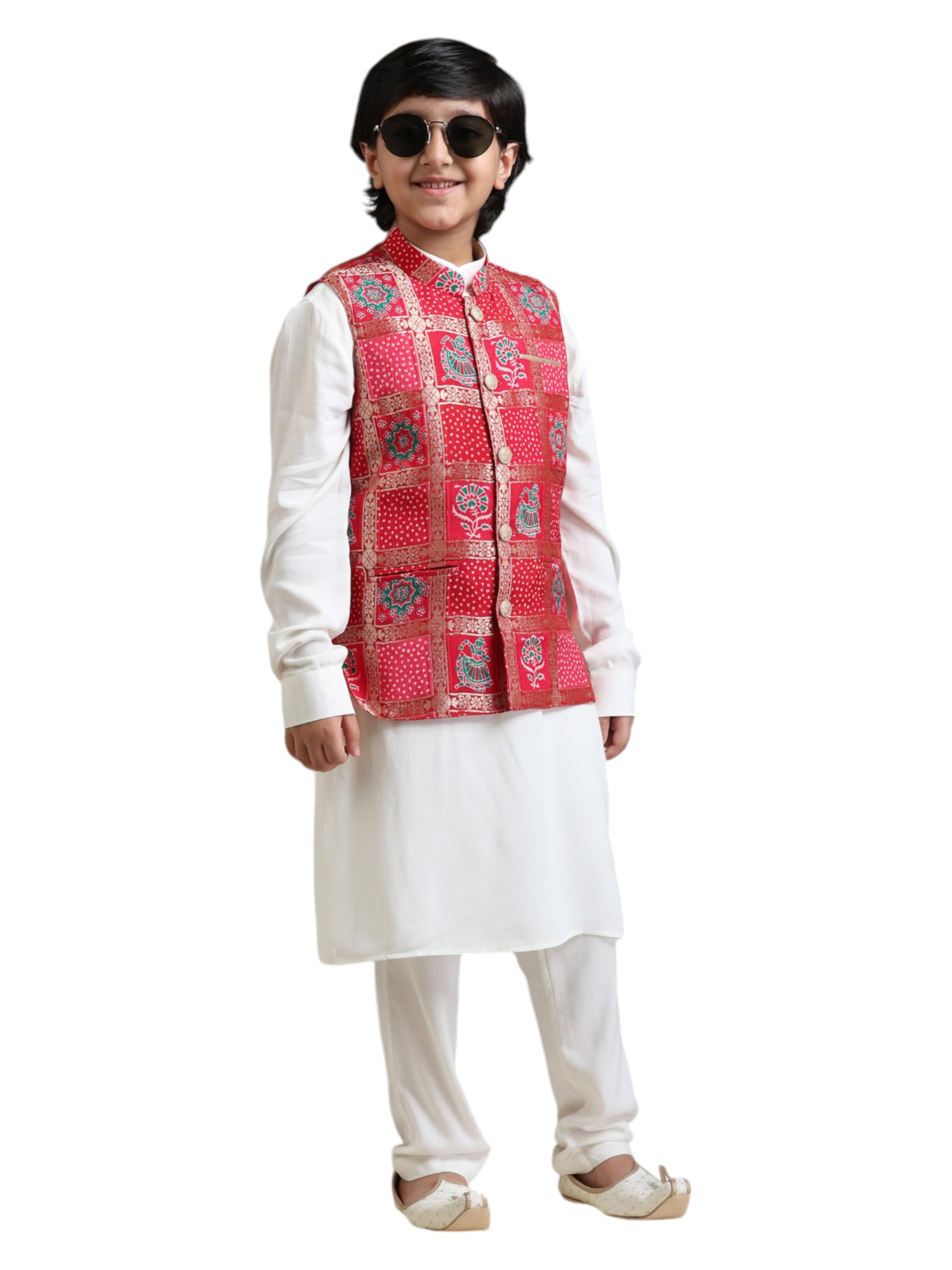 Manyavar Boys Art Silk Printed Kurta Jacket Pyjama Set (3pcs)(3-4 years)