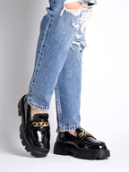 Shoetopia Smart Casual Chain Detailed Black Loafers for Women & Girls