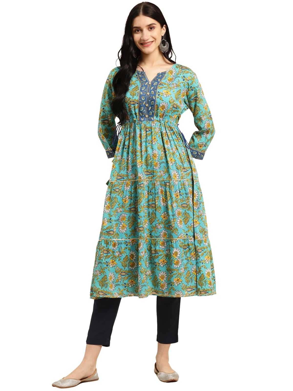 rangita Mint Green Rayon Calf Length Printed Tiered Flared Kurti for Women | Kurta for Women_3XL