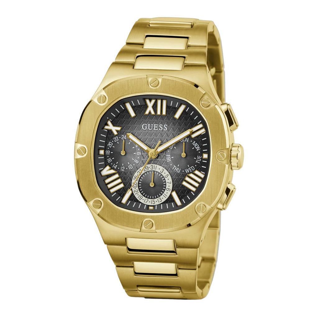 GUESS Men's 42mm Watch - Gold Tone Strap Black Dial Gold Tone Case