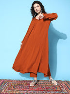 Varanga Women Rust Colour Bishop Sleeve A-Line Kurta With Front Pleat, V-Neck, Paired With Tonal Bottom