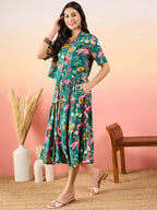 Modeve Women Shirt Skirt Green Floral Print Co-Ord Set_X-Large