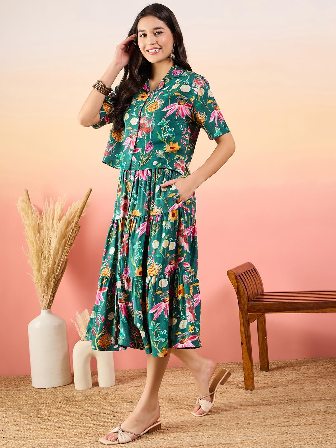 Modeve Women Shirt Skirt Green Floral Print Co-Ord Set_X-Large