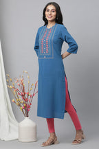 Aurelia WomenS Blue Floral Printed Printed Thread Work Cotton-Rayon Straight Long Kurta