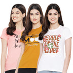 Preneum Womens Cotton Regular Fit Latest Graphic Stylish Printed Short Sleeves Casual T-Shirt || Trendy & Styles (Pack 3), Brig