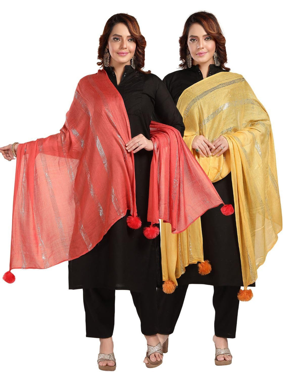 Fabme Shimmer Embellished Soft Cotton Dupatta - Pack Of 2 - Peach, Yellow
