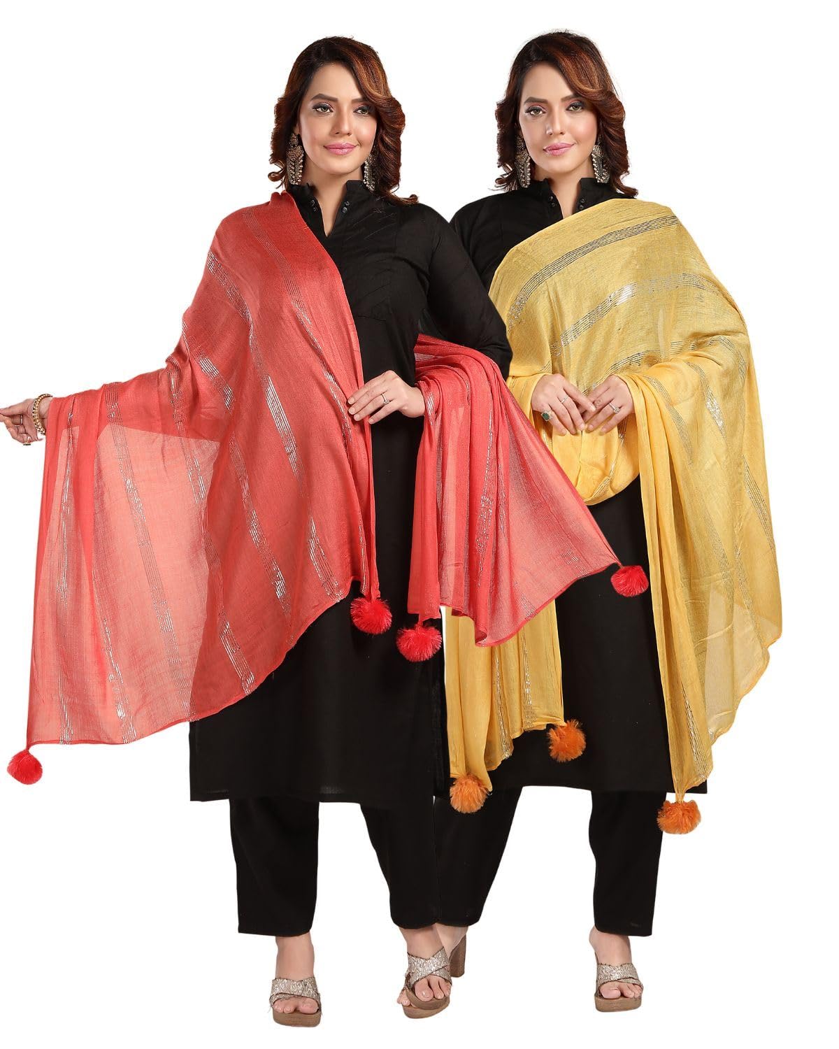 Fabme Shimmer Embellished Soft Cotton Dupatta - Pack Of 2 - Peach, Yellow