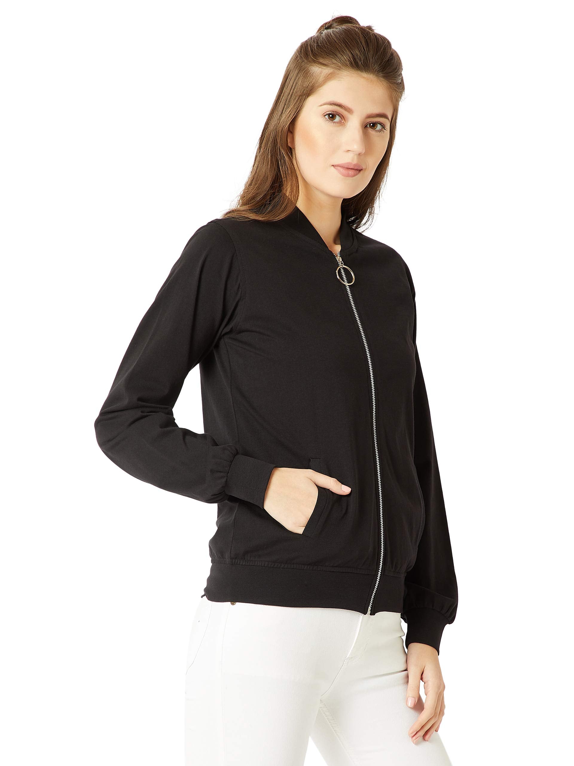 Miss Chase WomenS Cotton Standard Round Neck Full Sleeves Solid Ring Puller Detailing Zippered Bomber Jacket (Mcaw18Jkt02-54-62