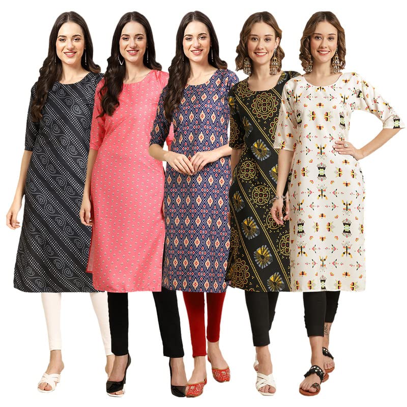 Pinkmint Womens Crepe Digital Print Straight Kurta [Pack of 5](NV-363-371-358-390-386-L)