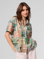 The Souled Store Pink Panther: Comics Women and Girls Short Sleeves Collared Neck Button Front Multicolour All Over Printed Visc