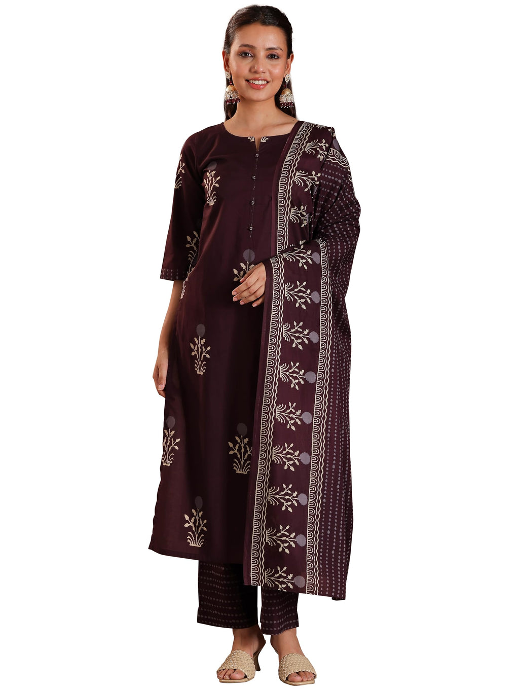 Libas WomenS Pure Cotton Printed Kurta Set (369130R Brown