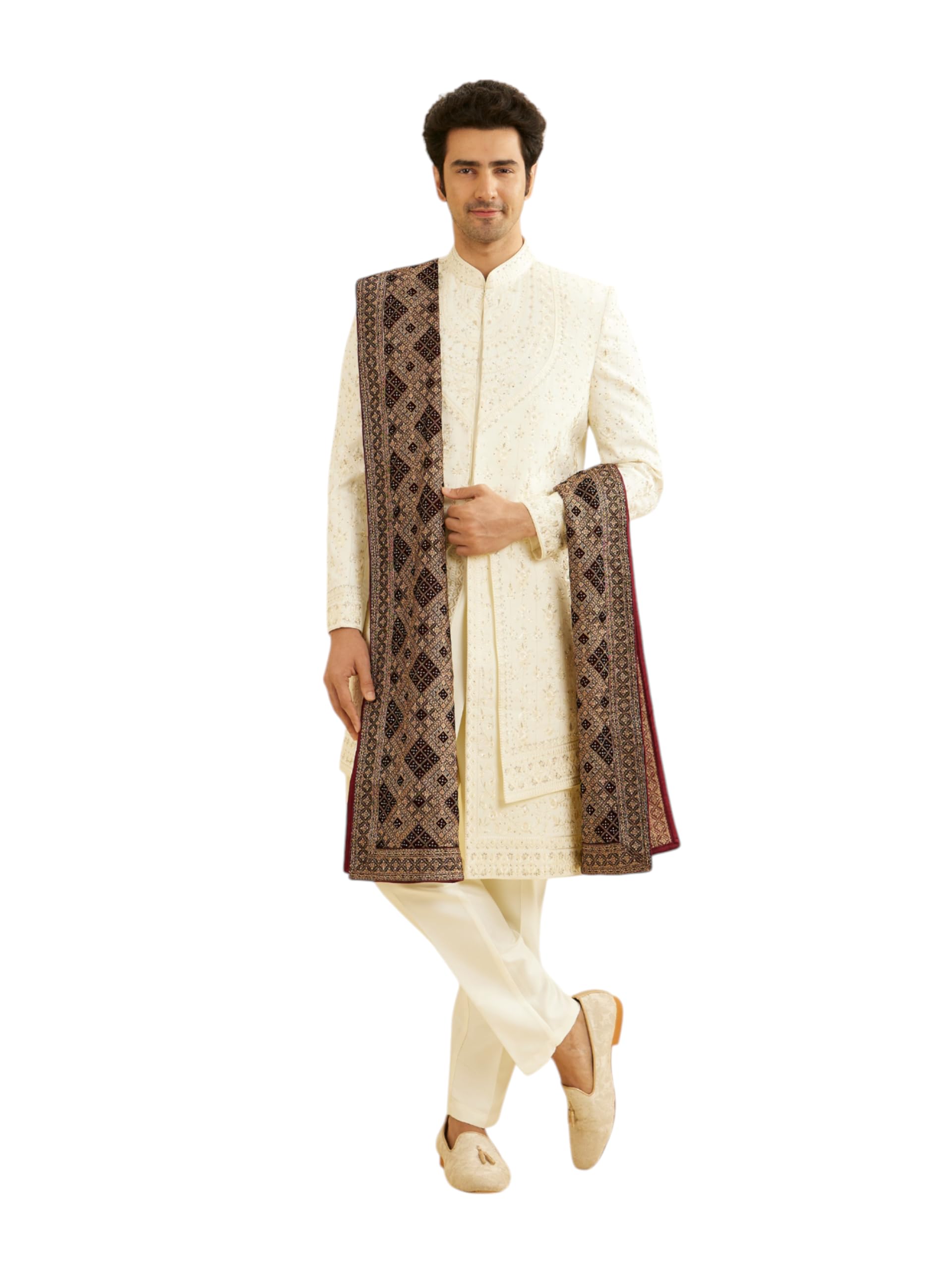 Manyavar MenS Velvet Embroidered Embellished Dupatta (Maroon,2.65M)