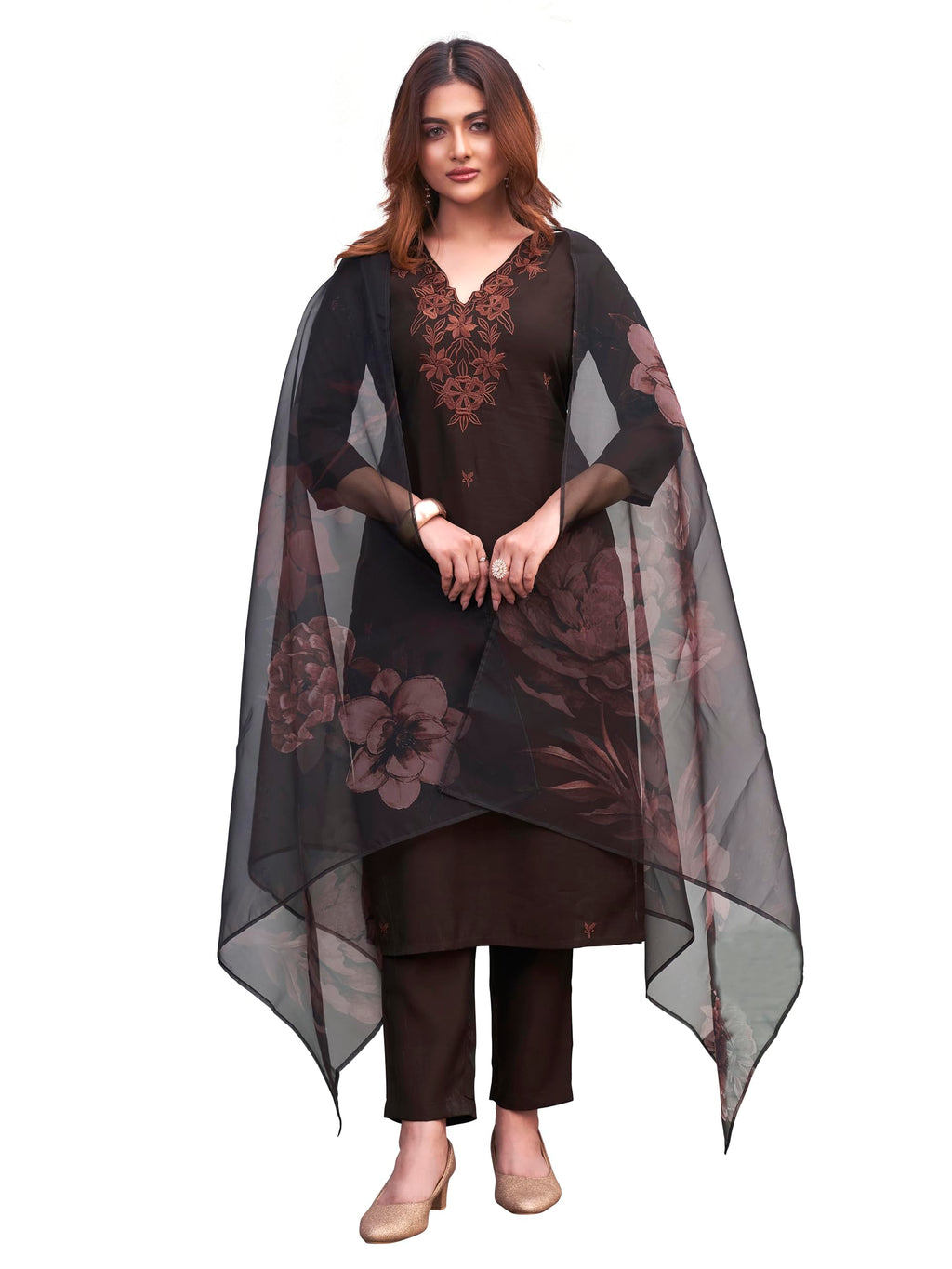 Womanista WomenS Silk Blend Solid Straight Embroidered Kurta Set (Kurtaset_1393_Brown