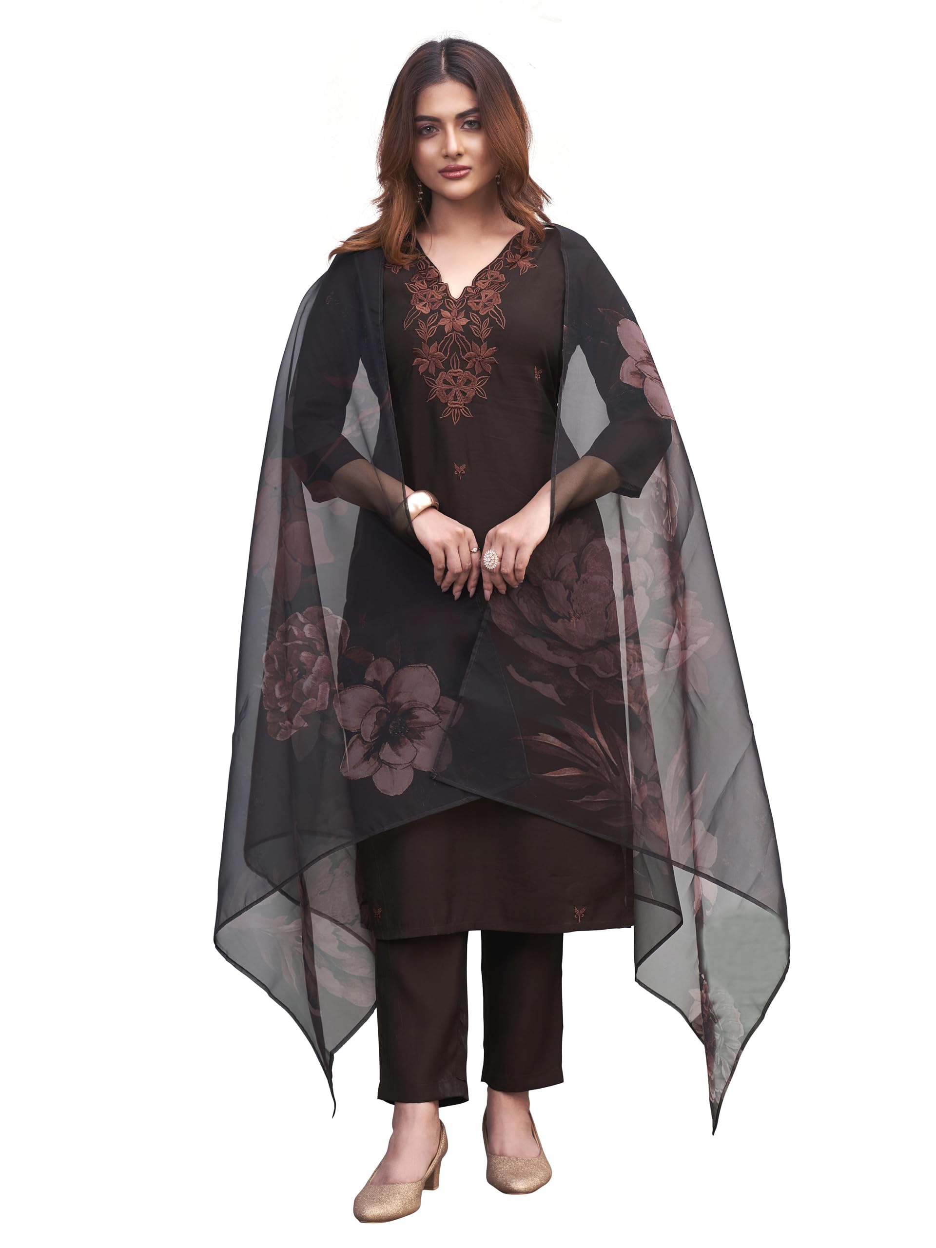 Womanista WomenS Silk Blend Solid Straight Embroidered Kurta Set (Kurtaset_1393_Brown