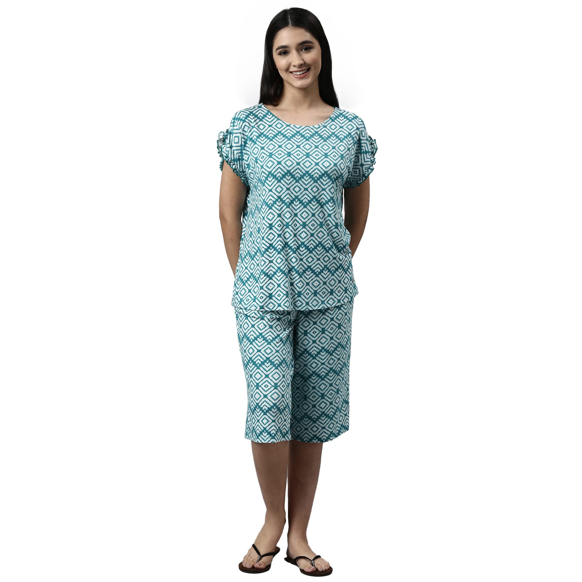 Enamor Essentials-Relaxed Fit Viscose Printed Ruffled Trim Tee & Shant Lounge Set For Womens-EC18 (EC18_Green Stone Tie Dye Aop_