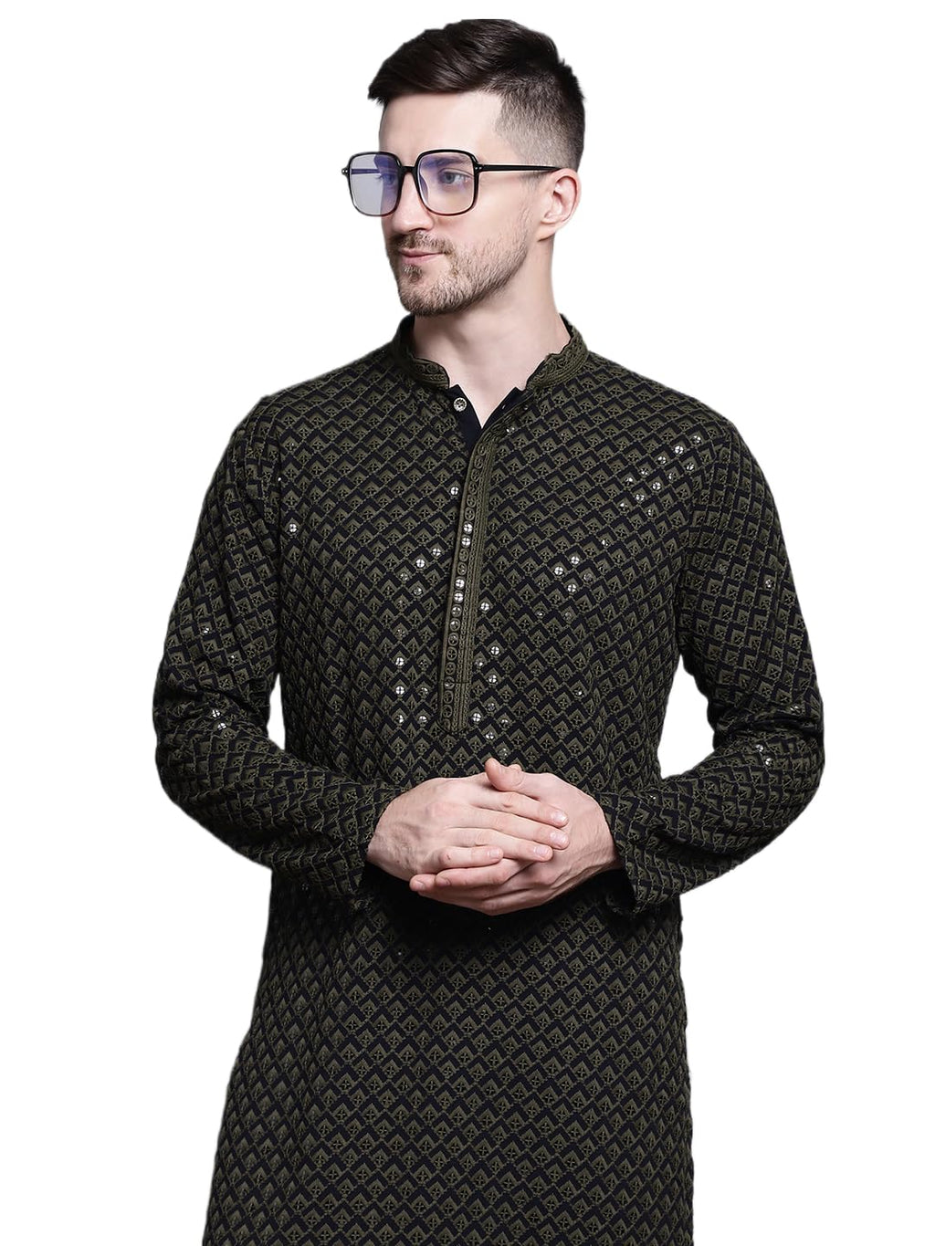 Jompers Mens Sequin Embroidered Pure Cotton Kurtas (Mehndi, Xxl)