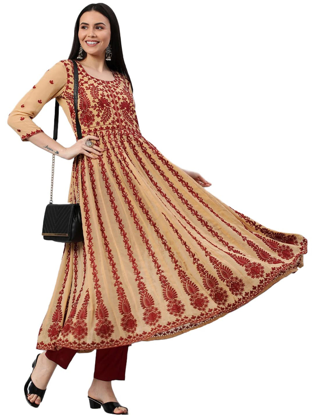 Gosriki Women'S Georgette Chikankari Embroidered Anarkali Kurti (Kari Beige-Nw1-Gs_L_Beige_Large)
