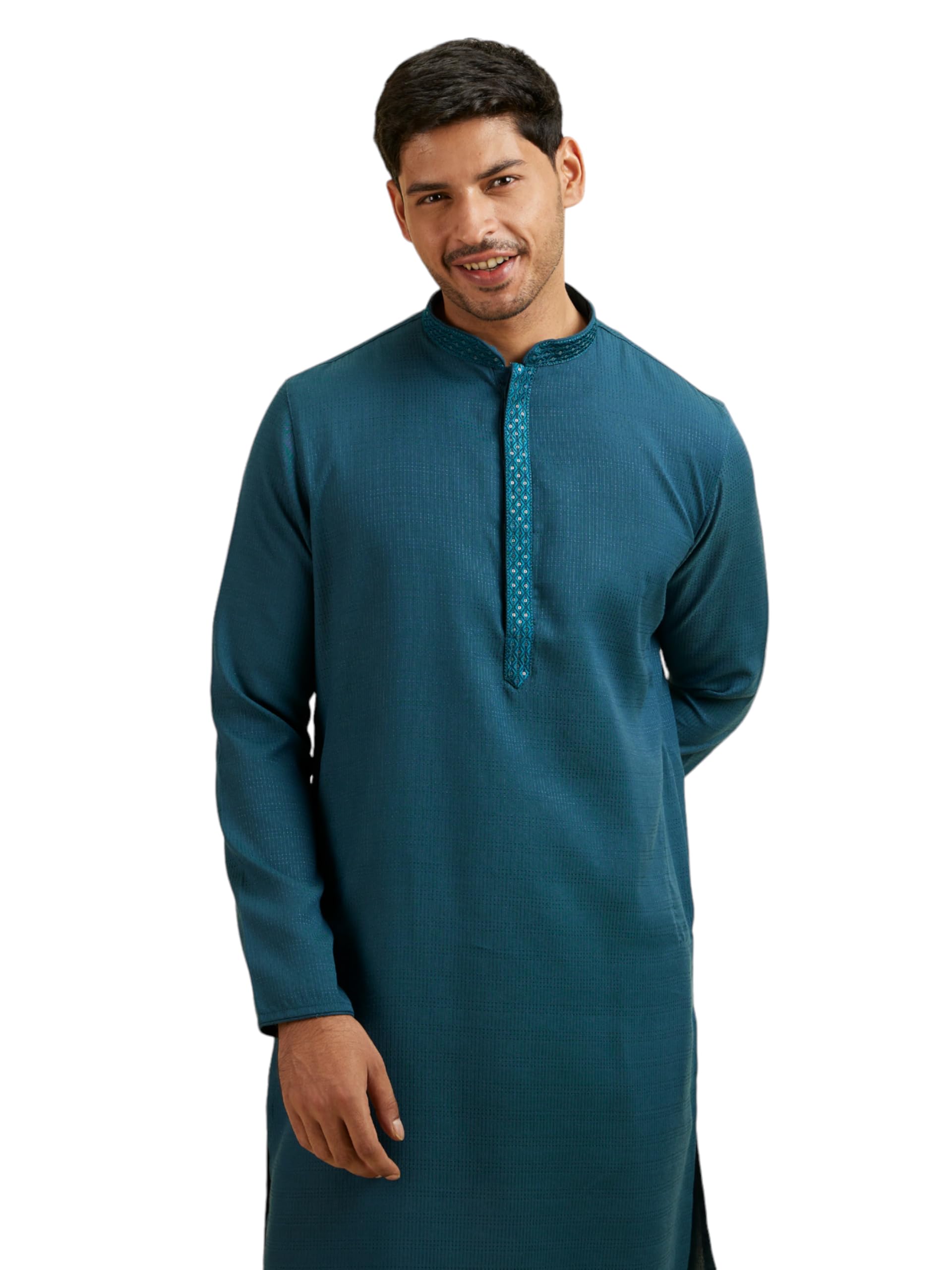 Manyavar Mens Viscose Blend Embroidered Self Design Kurta Pyjama Set (Blue,XL)